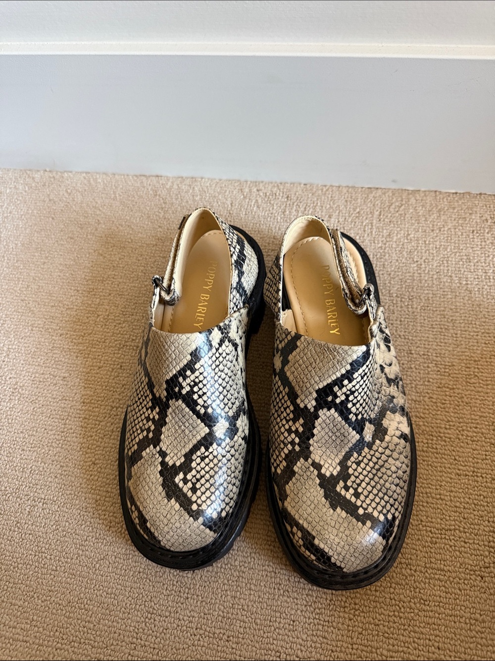 Poppy Barley Snake-Print Slingback Clogs in Black and Cream